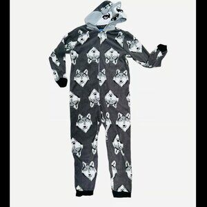 Kids Wolf gray union suit one piece sleeper hooded